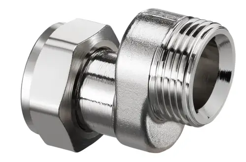 Oventrop Ausgleichsverschraubung mit gewinkeltem Design, Anschluss mit Innen- und Außengewinde, aus Metall gefertigt, für Rohrsysteme.